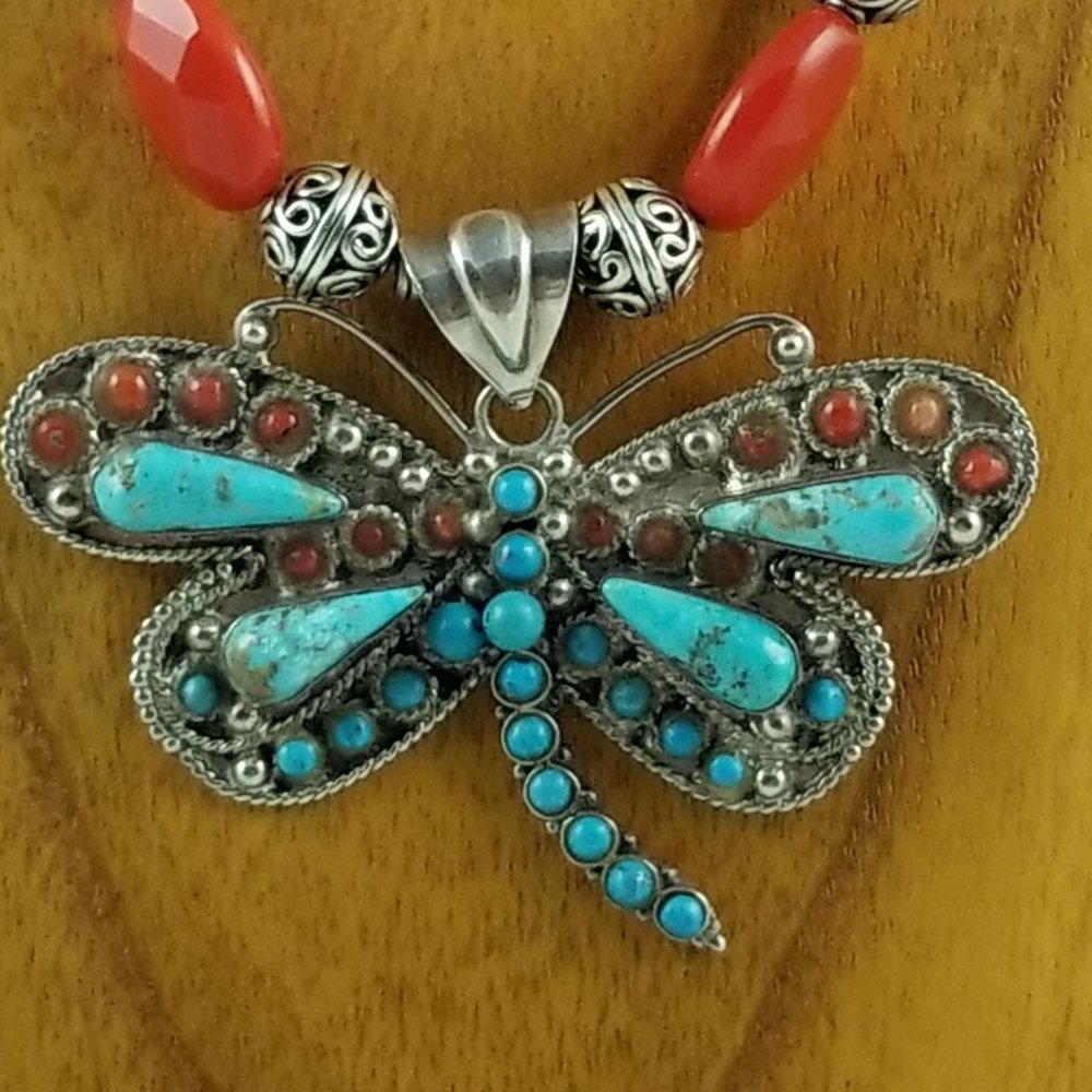 Tibetan Turquoise & Carnelian Butterfly Necklace - Picture 3 of 5